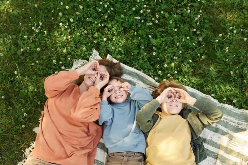 Top view of mother and two boys lying on picnic blanket together and making silly faces looking up copy space