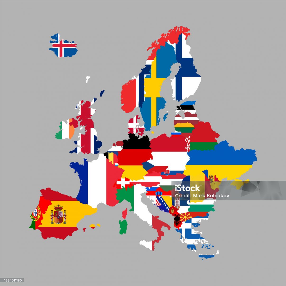 Europe map and flag icons. Geography borders of European countries. Vector illustration