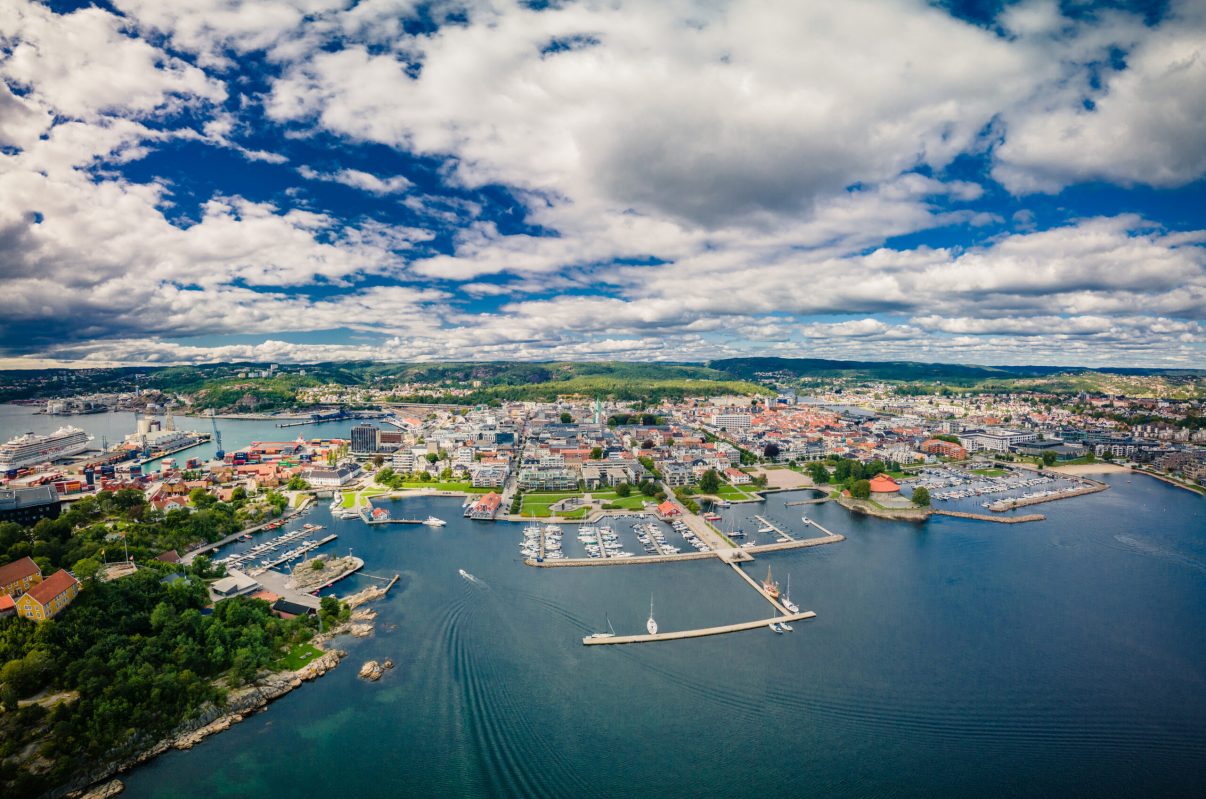 Drone view of Kristiansand town and Kvadraturen from Oderoya, Norway